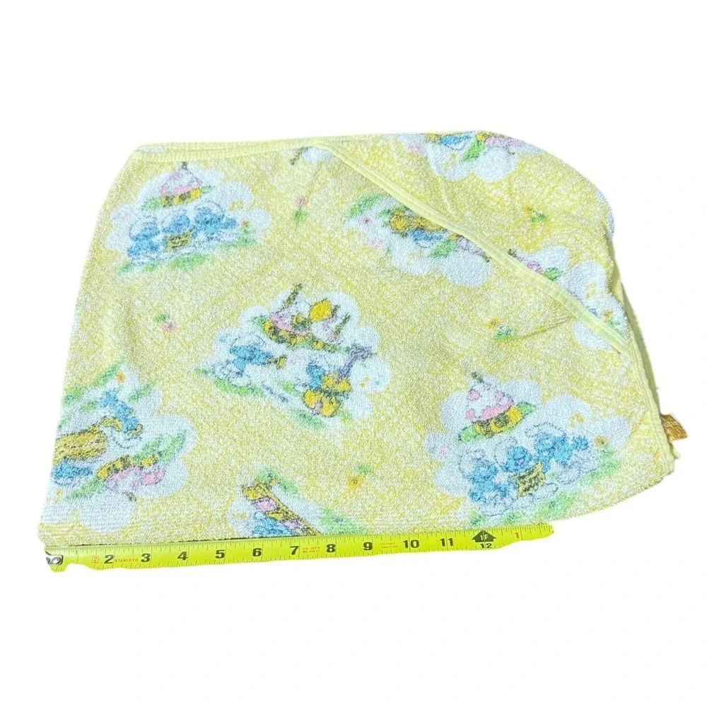 VTG 80s‎ Dundee Hooded Baby Towel Yellow Animal Cloud Print Cotton Terry Cloth